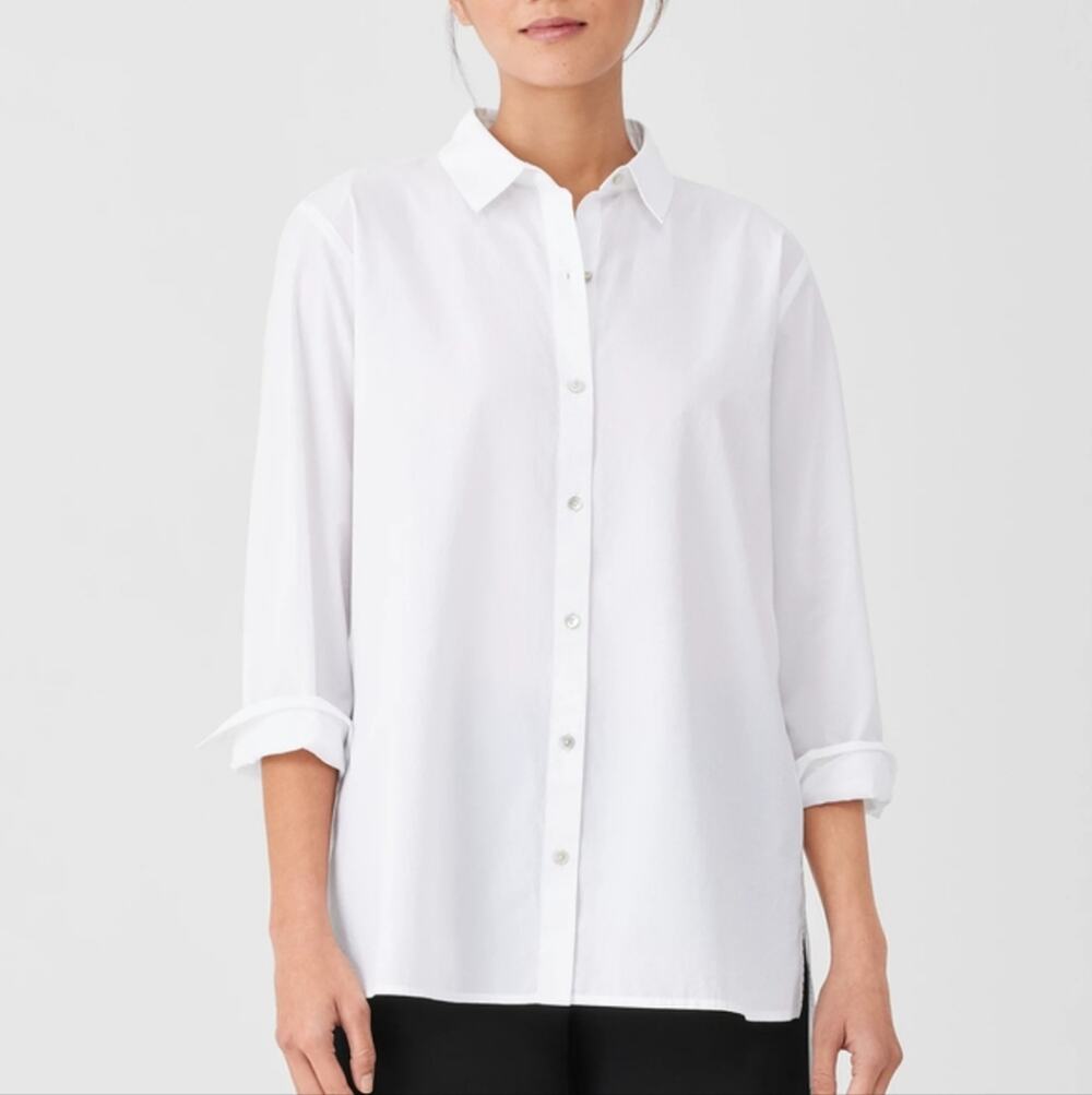 NWT Eileen Fisher White Organic Cotton Poplin Classic Collar Button Down - XS - Picture 1 of 13